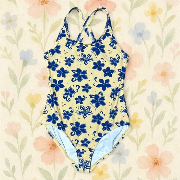 PacSun Kids XL Swimsuit Yellow Blue Floral Crossback - Picture 1 of 8
